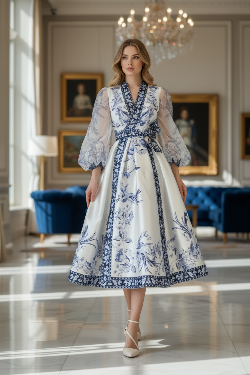 Faux Wrap Dress with Puffy Sleeves