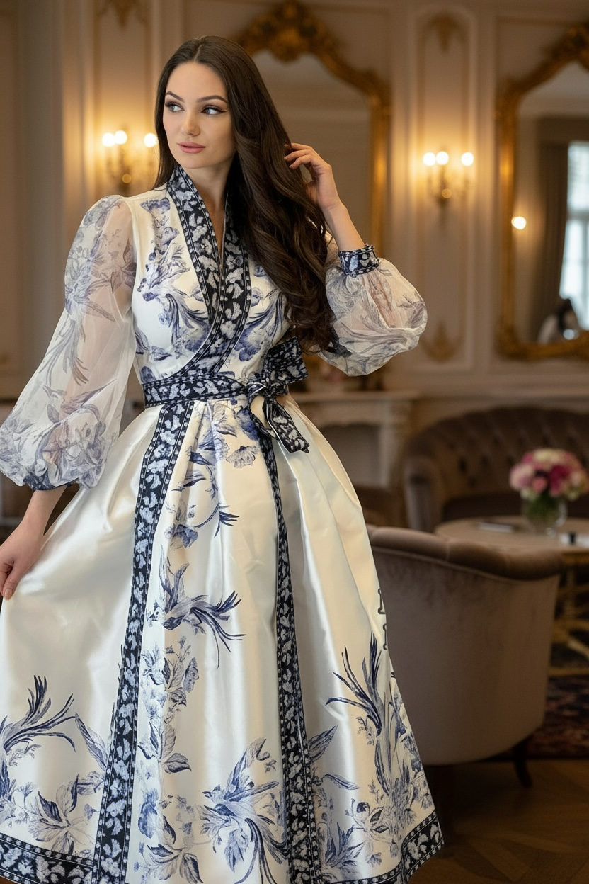 Faux Wrap Dress with Puffy Sleeves