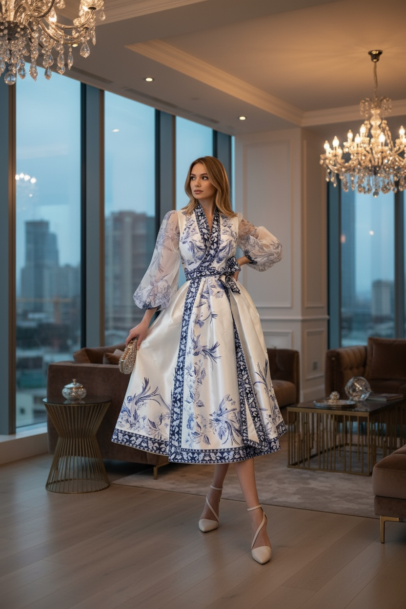 Faux Wrap Dress with Puffy Sleeves