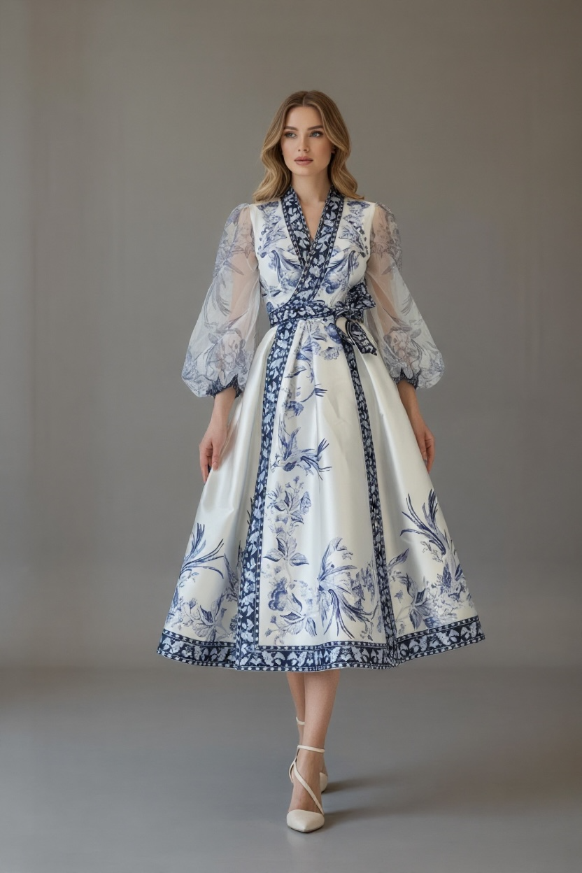 Faux Wrap Dress with Puffy Sleeves