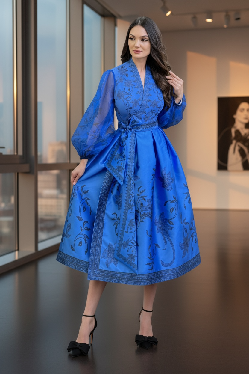 Faux Wrap Dress with Puffy Sleeves