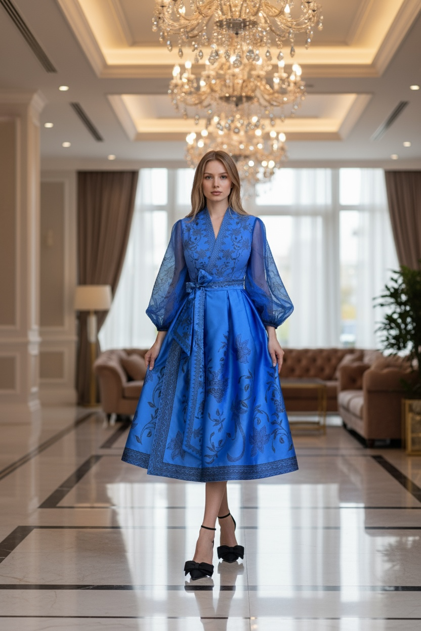 Faux Wrap Dress with Puffy Sleeves