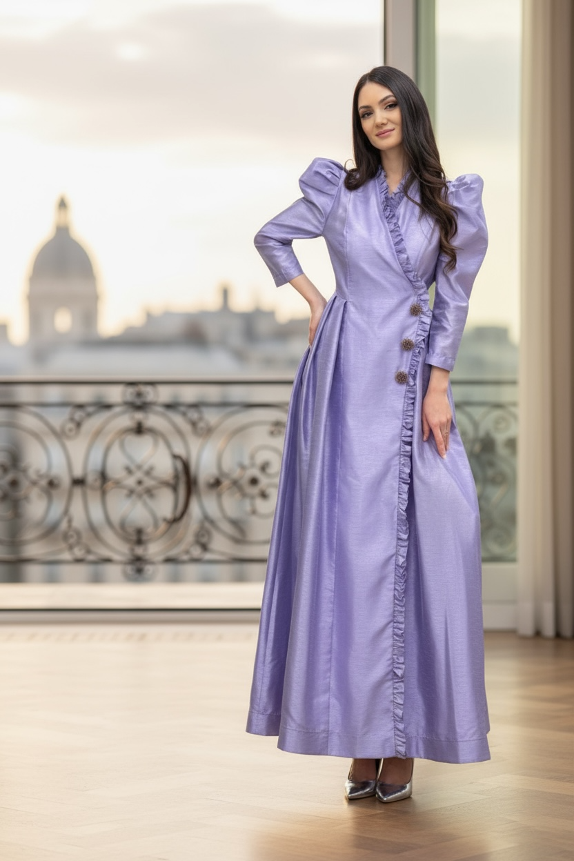 Faux Wrap Long Dress in Lavender