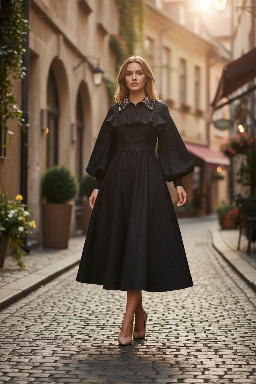 Behcetti Italia Elegant Black Midi Dress with Ruffled Bodice and Embellished Collar
