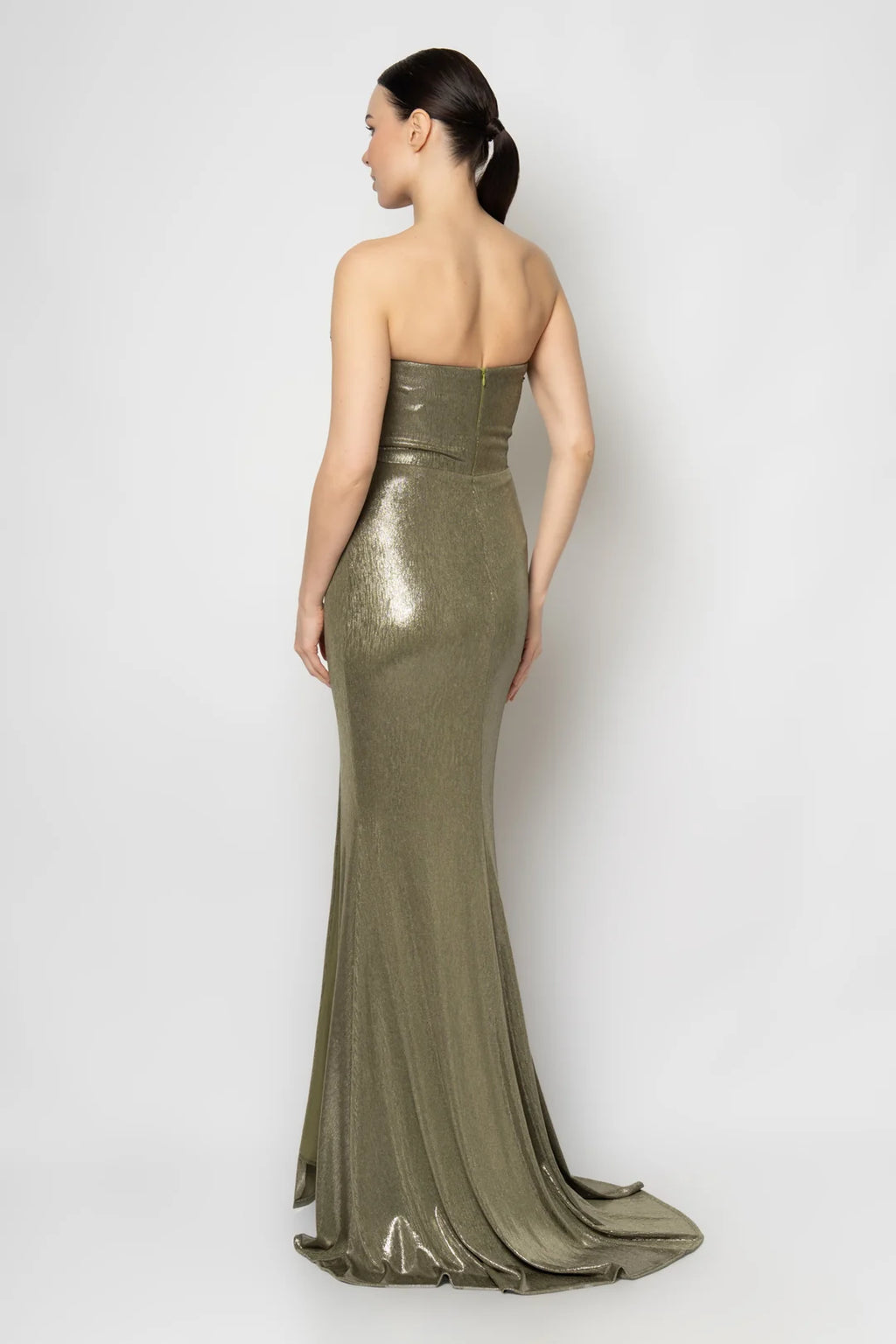 Rengin Metallic Olive Strapless Gown with Beaded Trim and Thigh-High Slit
