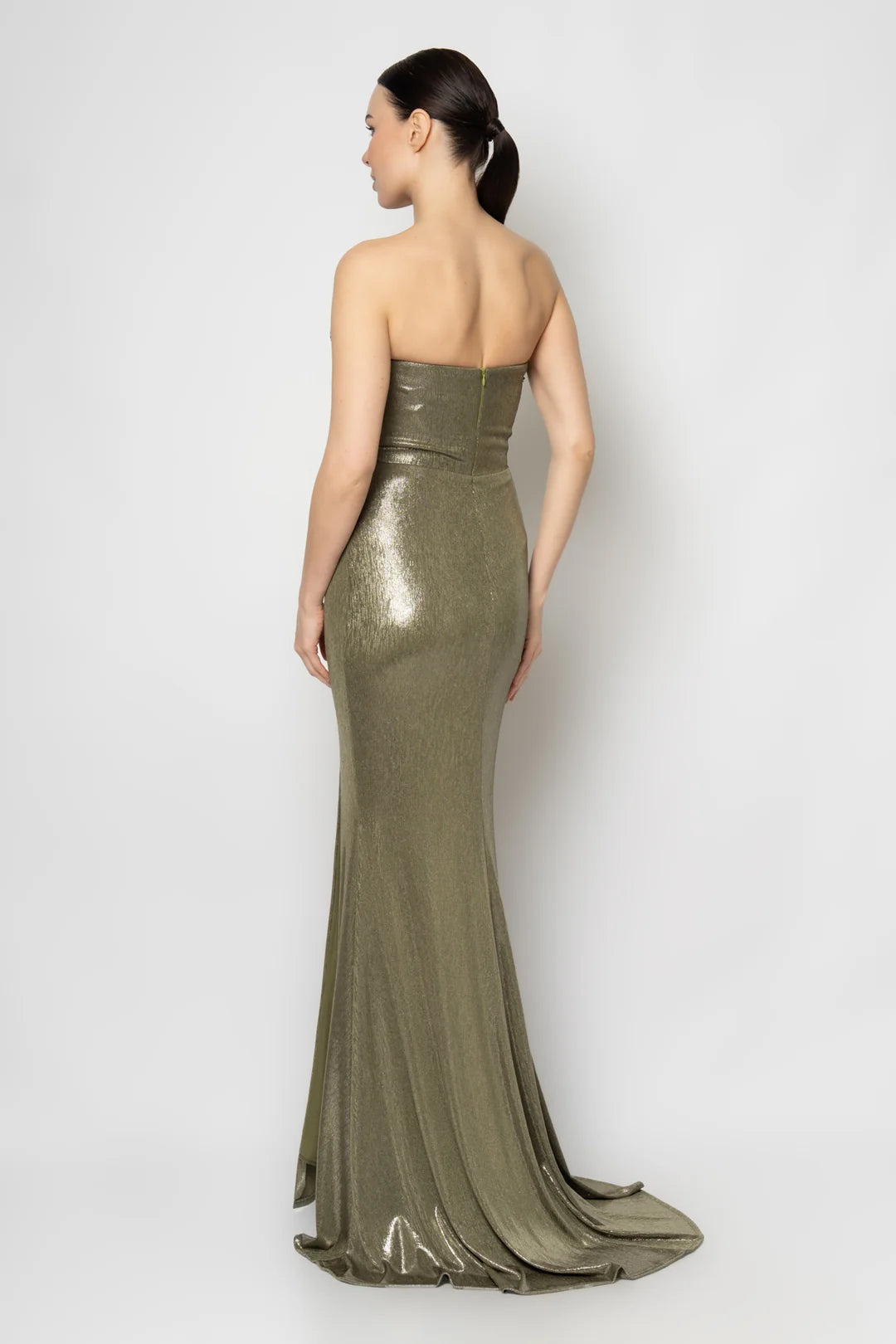 Rengin Metallic Olive Strapless Gown with Beaded Trim and Thigh-High Slit
