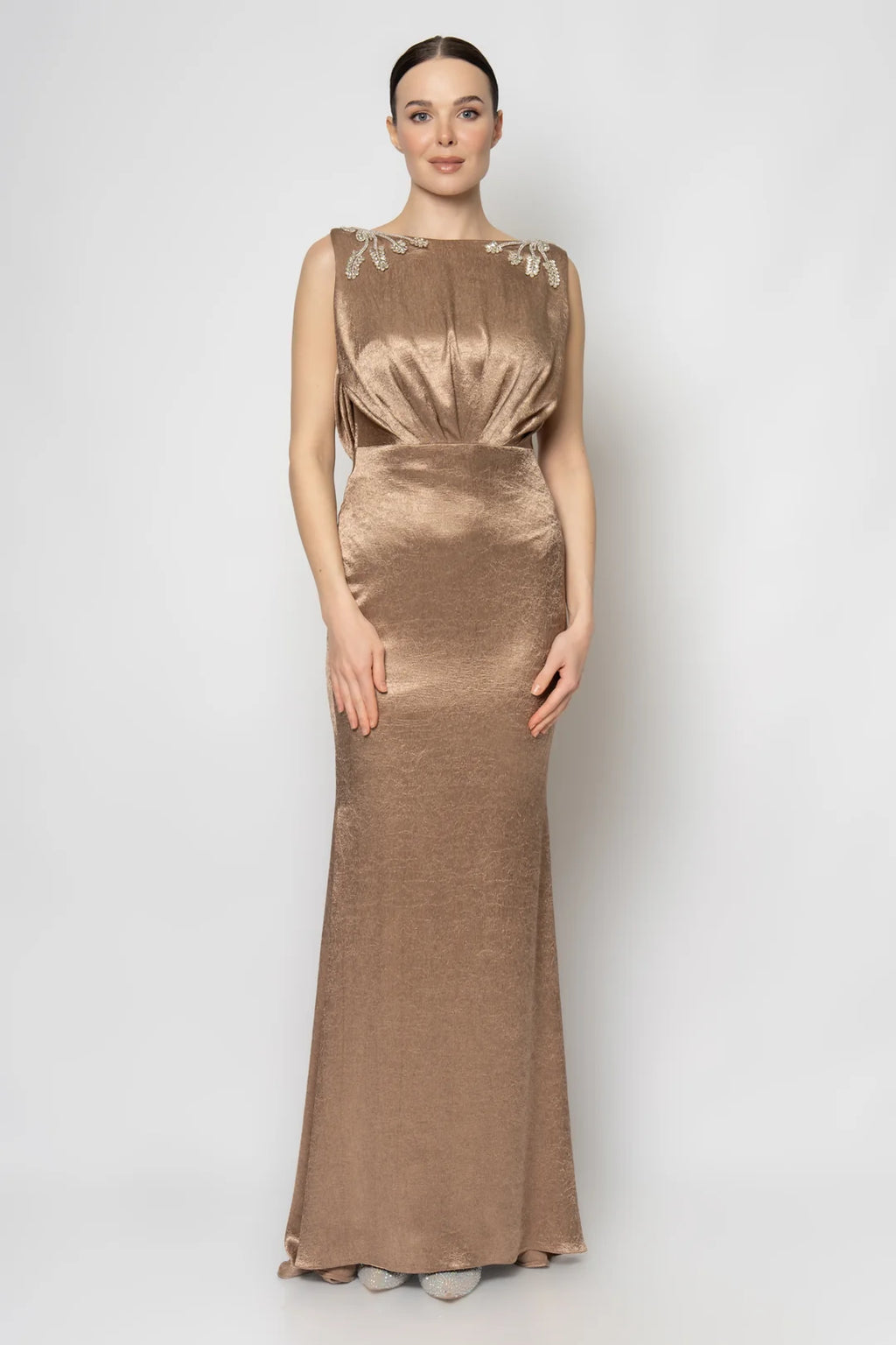 Rengin Embellished Metallic Bronze Evening Gown with Draped Bodice