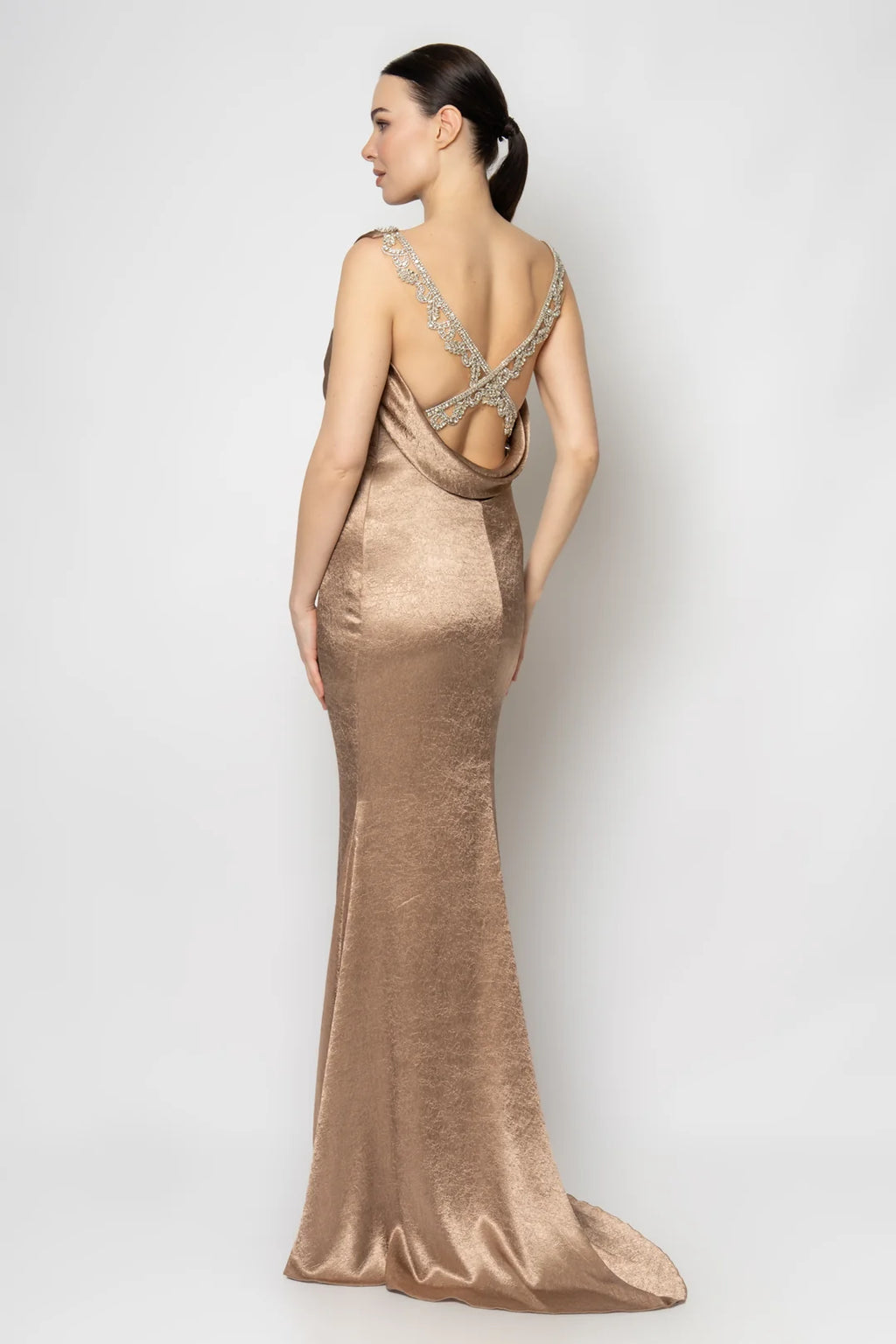 Rengin Embellished Metallic Bronze Evening Gown with Draped Bodice