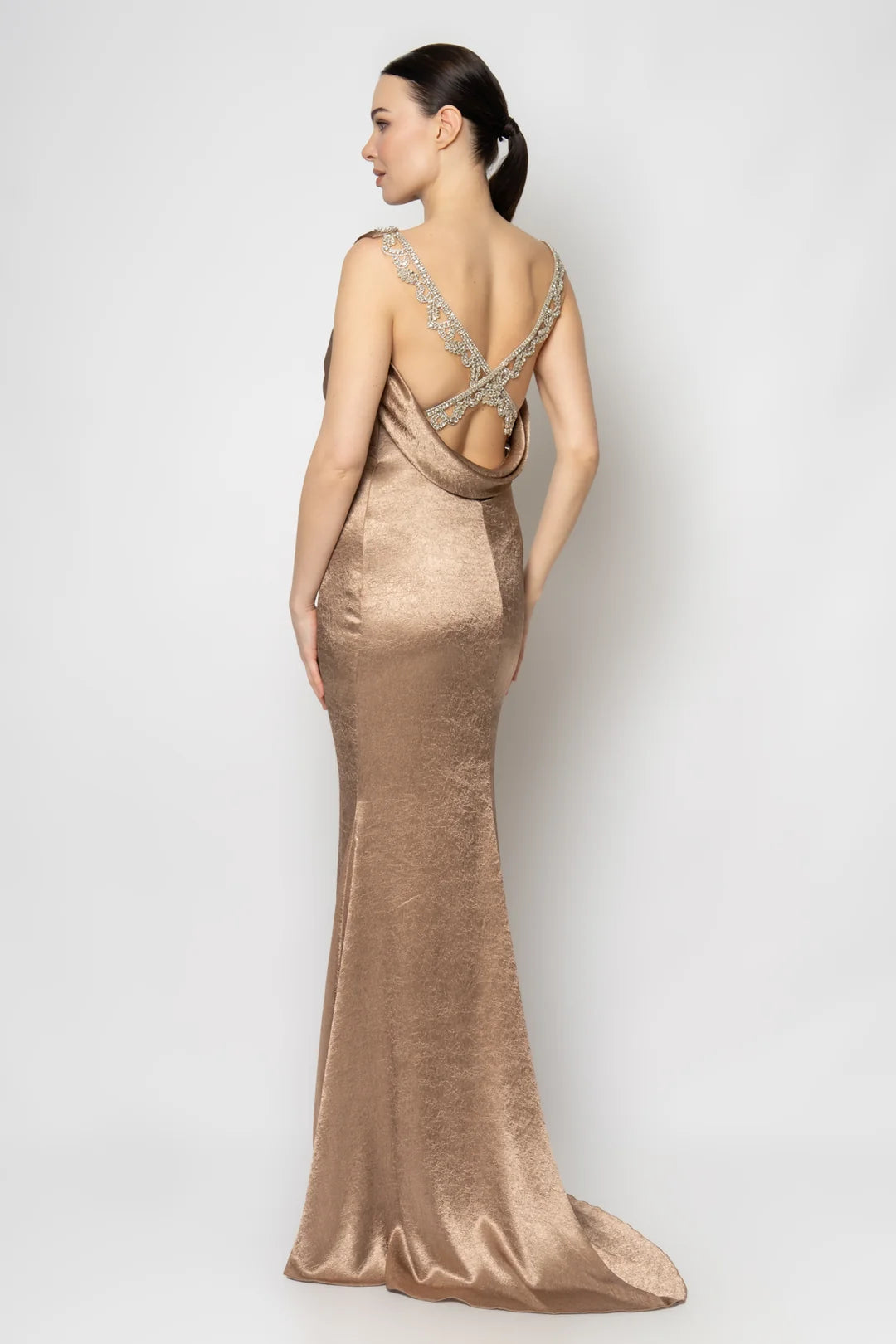 Rengin Embellished Metallic Bronze Evening Gown with Draped Bodice