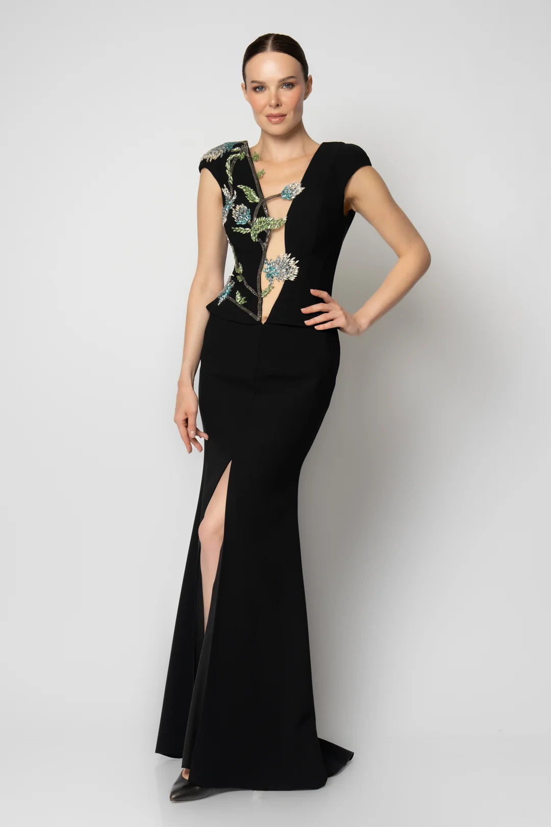 Rengin Black Embellished Evening Gown with Deep V-Neck and Front Slit