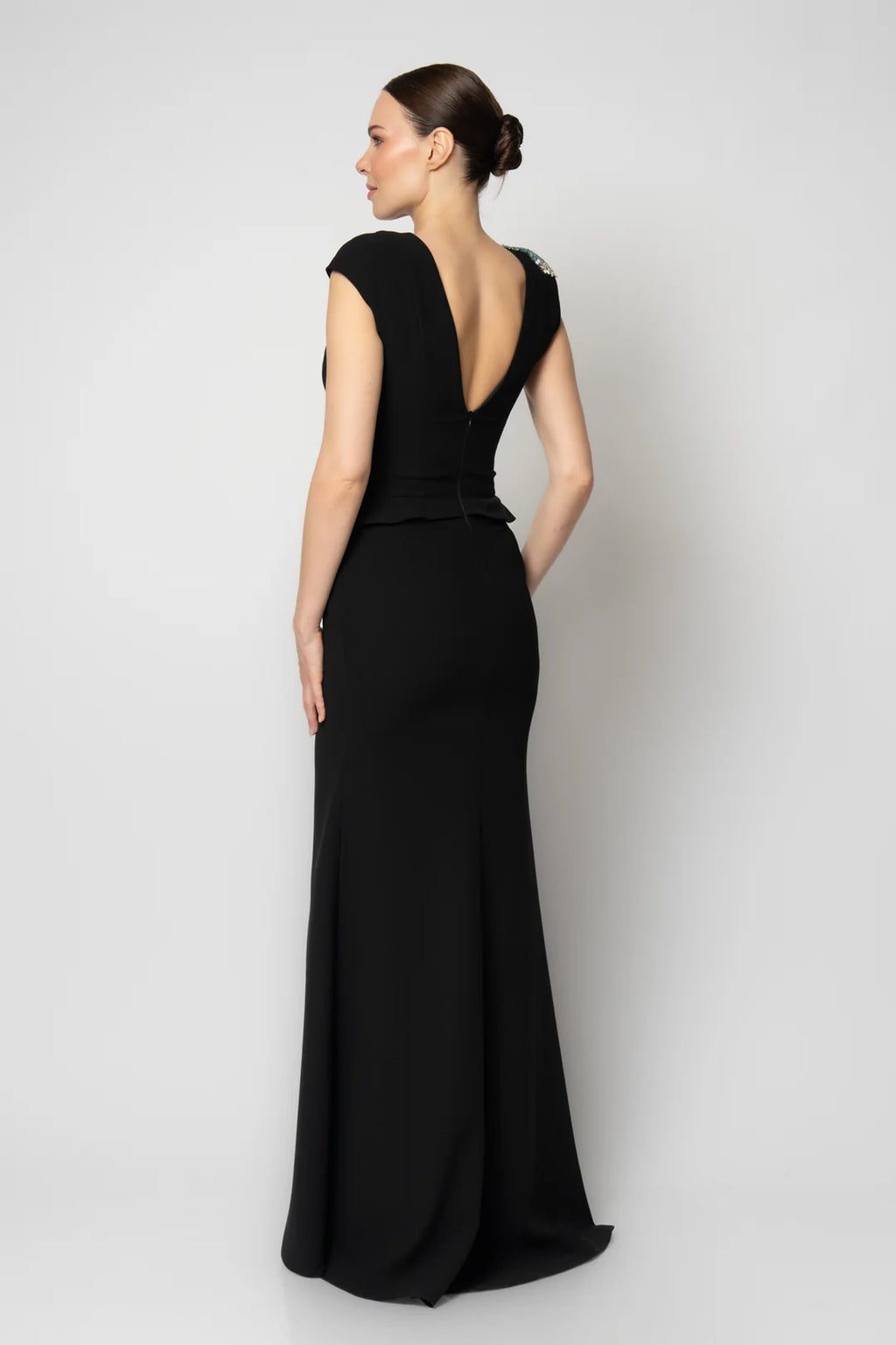 Rengin Black Embellished Evening Gown with Deep V-Neck and Front Slit