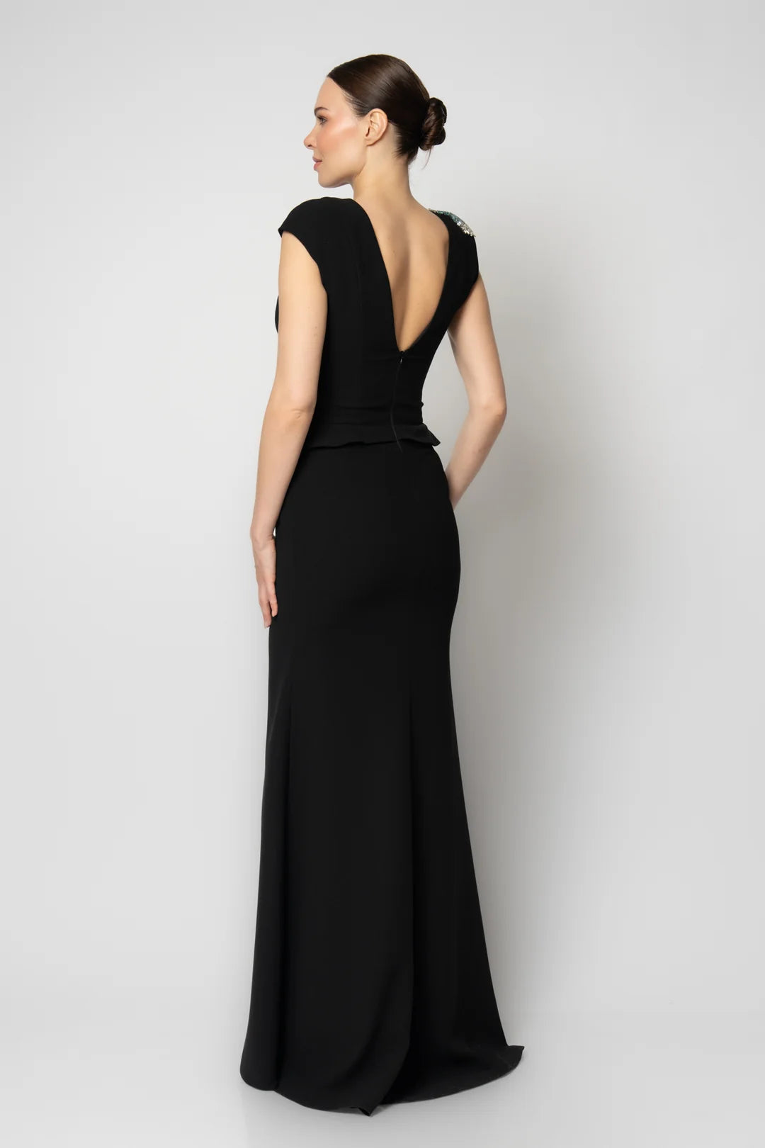 Rengin Black Embellished Evening Gown with Deep V-Neck and Front Slit