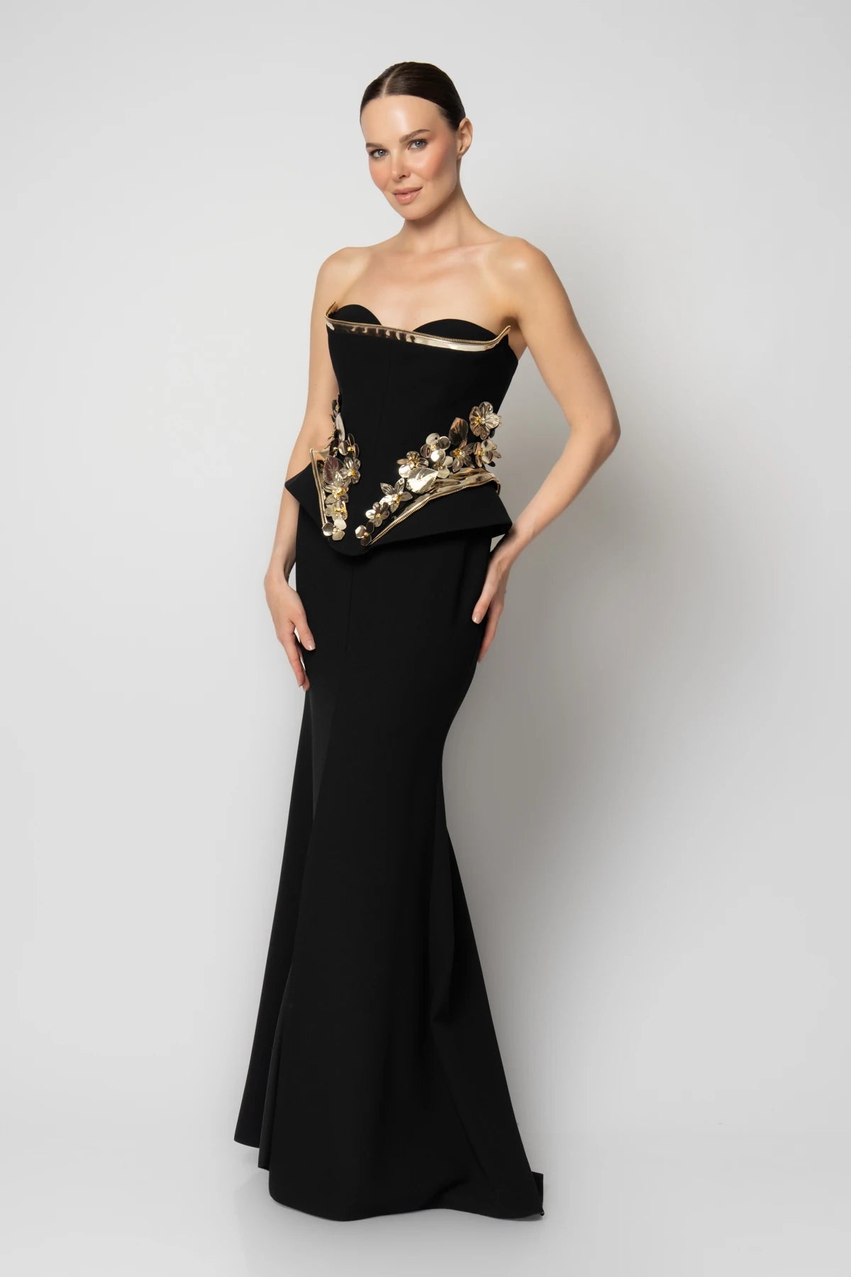 Rengin Elegant Black Strapless Gown with Gold Embellished Corset