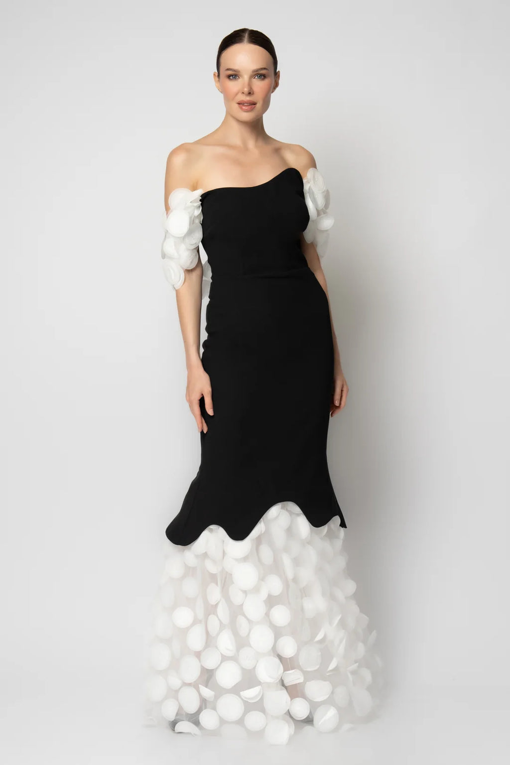 Rengin Black and White Off-Shoulder Gown with 3D Appliqué Details