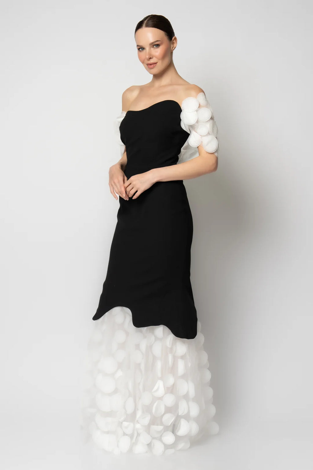 Rengin Black and White Off-Shoulder Gown with 3D Appliqué Details