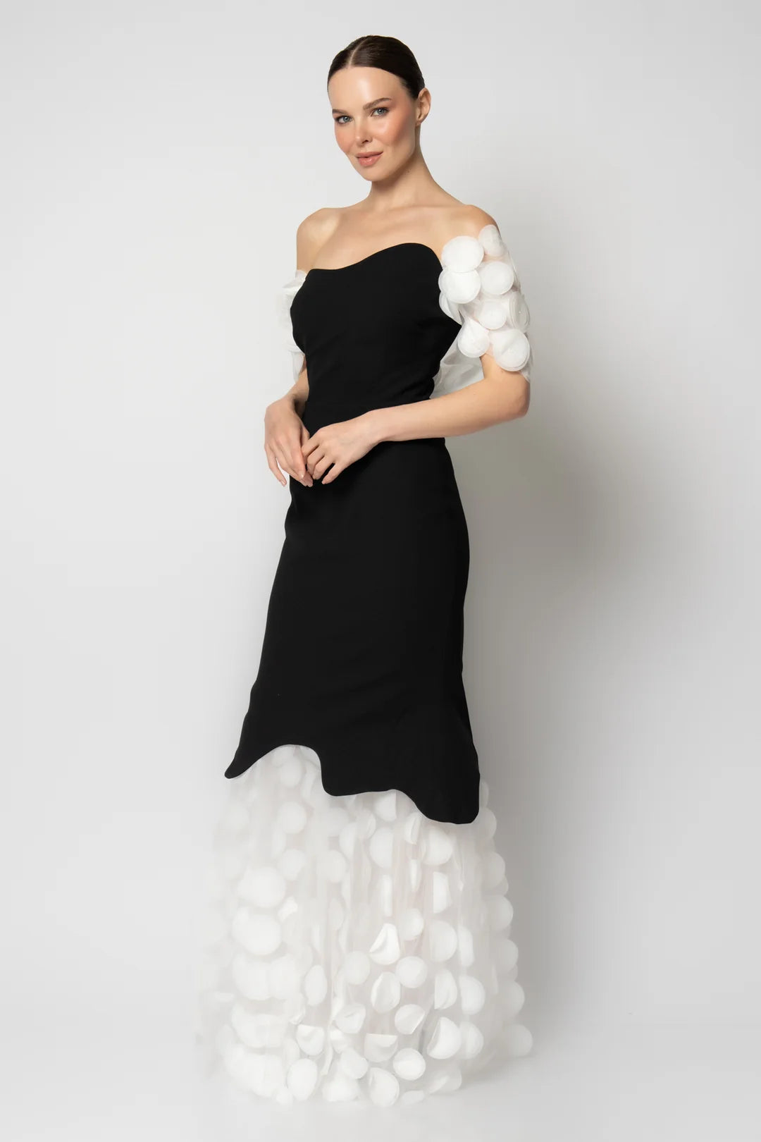 Rengin Black and White Off-Shoulder Gown with 3D Appliqué Details