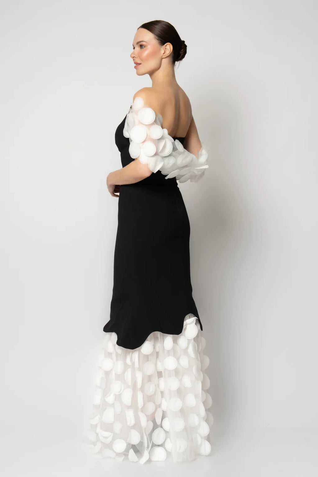 Rengin Black and White Off-Shoulder Gown with 3D Appliqué Details