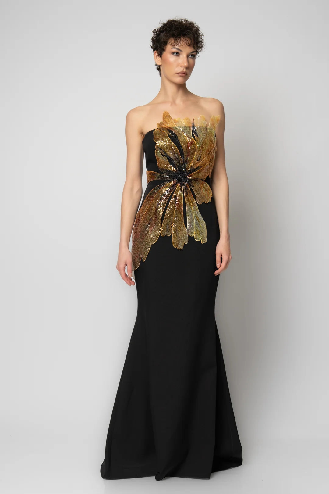 Rengin Strapless Black Gown with Gold Sequin 3D Embellishment