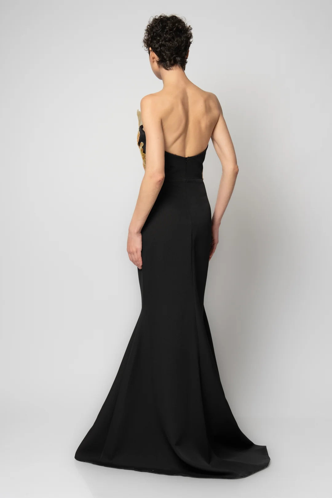 Rengin Strapless Black Gown with Gold Sequin 3D Embellishment