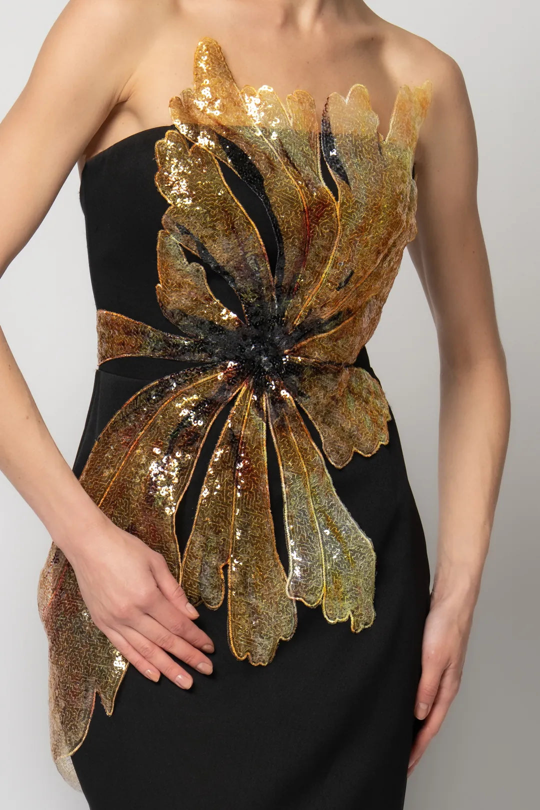 Rengin Strapless Black Gown with Gold Sequin 3D Embellishment