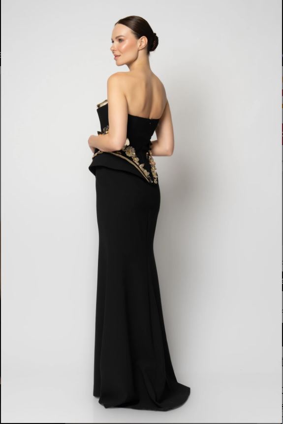 Rengin Elegant Black Strapless Gown with Gold Embellished Corset