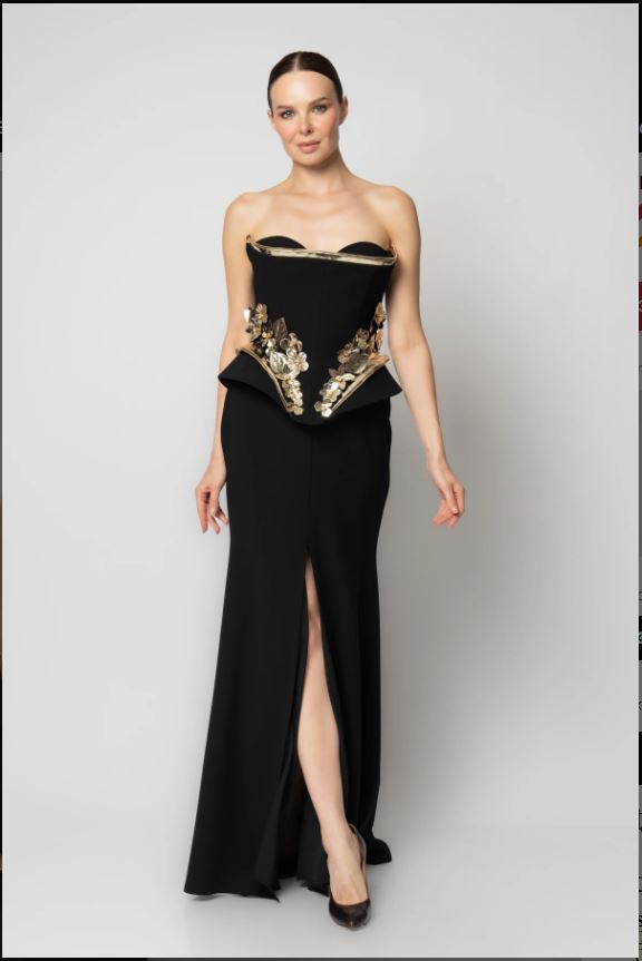 Rengin Elegant Black Strapless Gown with Gold Embellished Corset