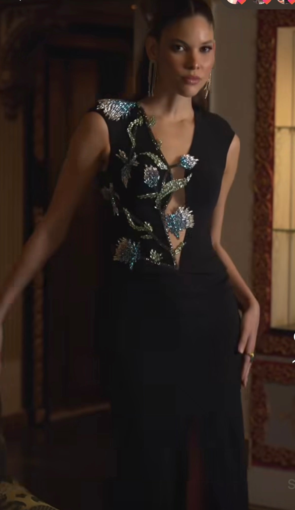 Rengin Black Embellished Evening Gown with Deep V-Neck and Front Slit