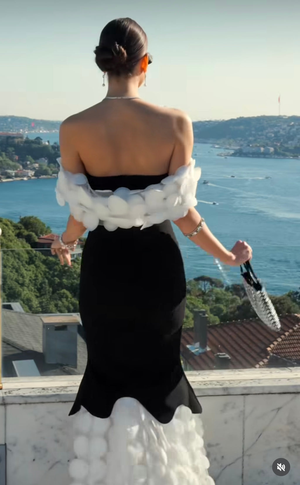 Rengin Black and White Off-Shoulder Gown with 3D Appliqué Details