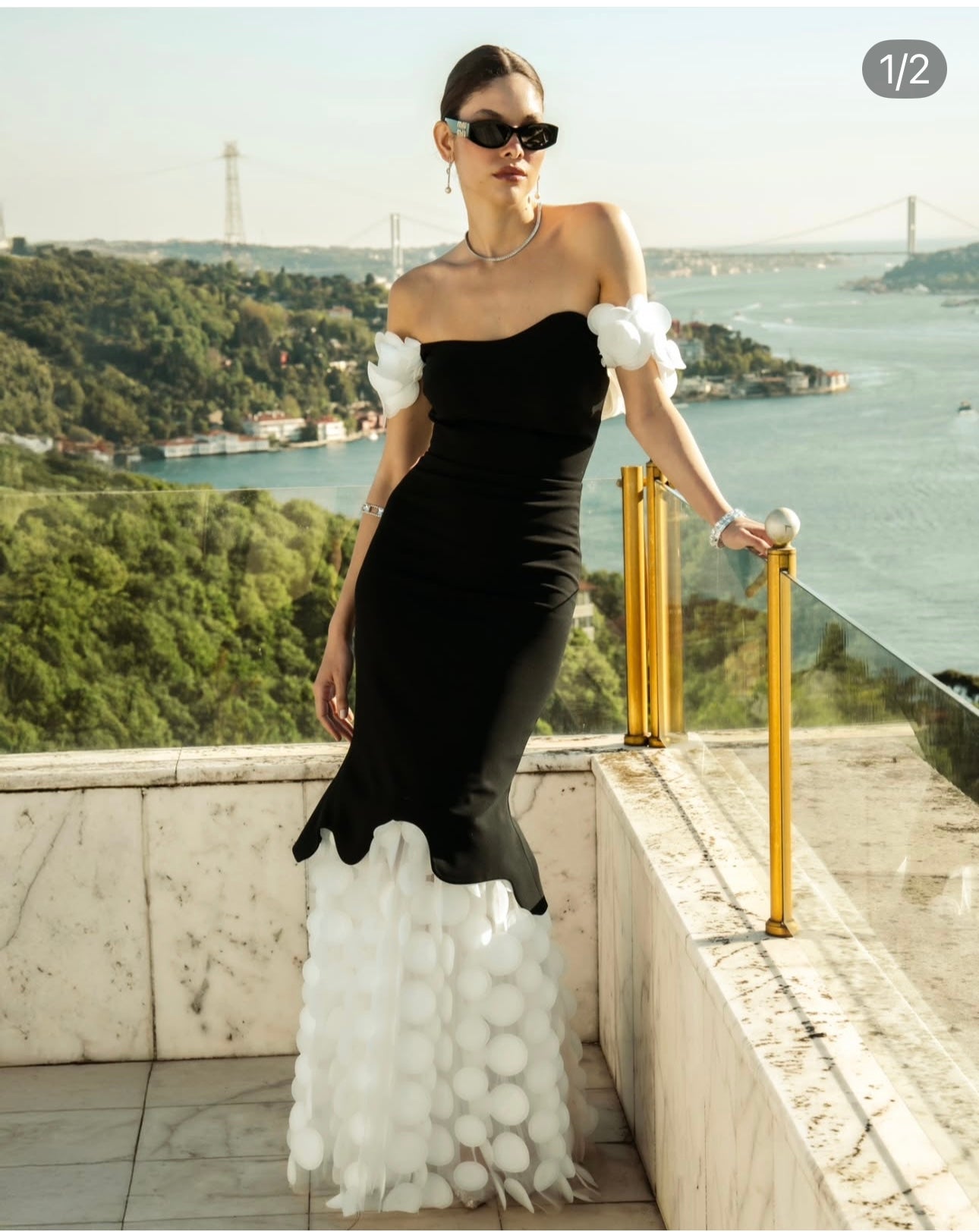 Rengin Black and White Off-Shoulder Gown with 3D Appliqué Details