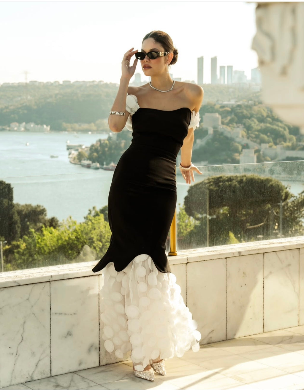 Rengin Black and White Off-Shoulder Gown with 3D Appliqué Details