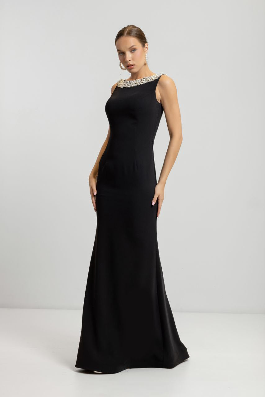 Odrella Women’s Black Sleeveless Evening Gown with Pearl Embellished Neckline Draped Back Chains