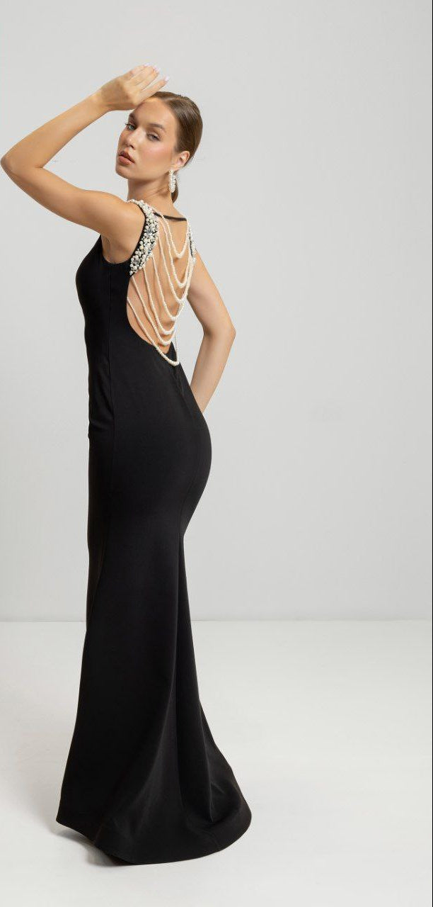 Odrella Women’s Black Sleeveless Evening Gown with Pearl Embellished Neckline Draped Back Chains