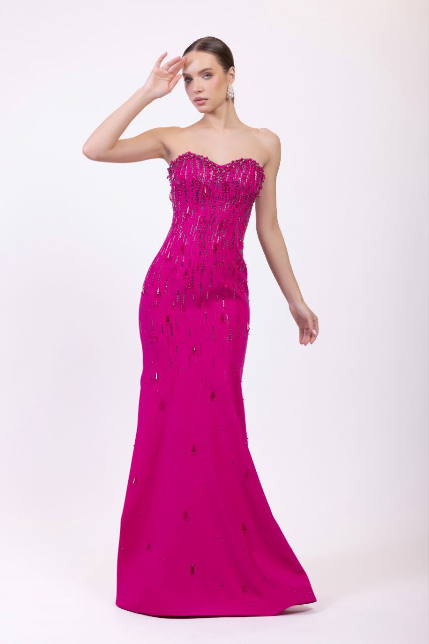 Odrella Strapless Magenta Gown with Sweetheart Neckline & Cascading Beadwork