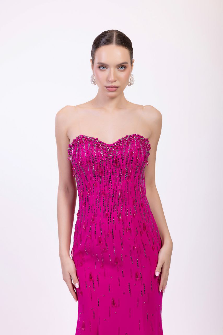 Odrella Strapless Magenta Gown with Sweetheart Neckline & Cascading Beadwork