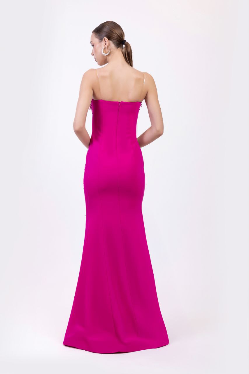 Odrella Strapless Magenta Gown with Sweetheart Neckline & Cascading Beadwork