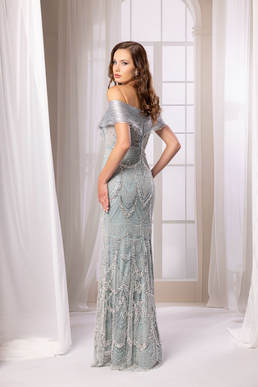 Odrella Off-the-Shoulder Embellished Silver Gown