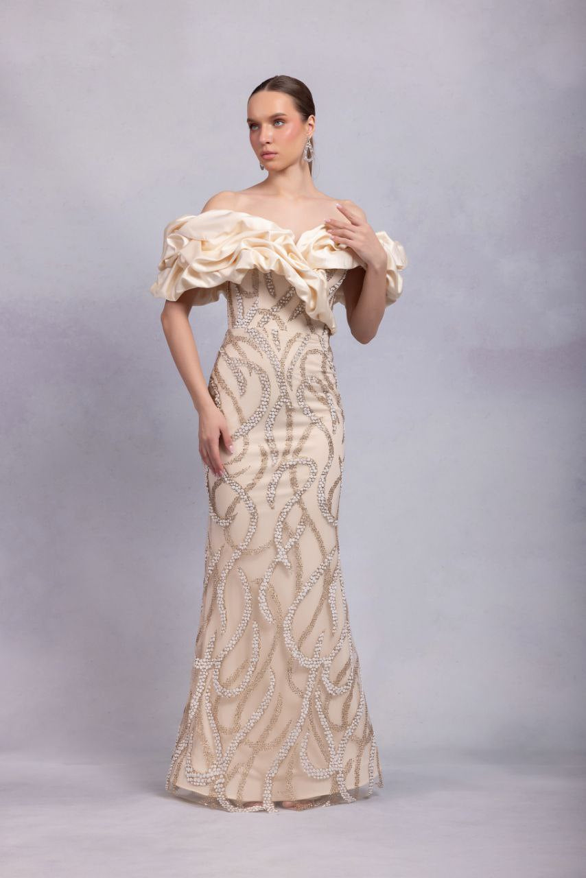 Odrella Champagne Off-the-Shoulder Gown with Sculptural Ruffle & Silver Embellishments