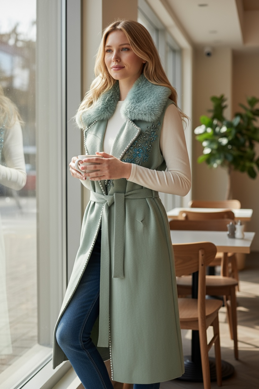 Atelier Faux Fur Collar Vest Cardigan