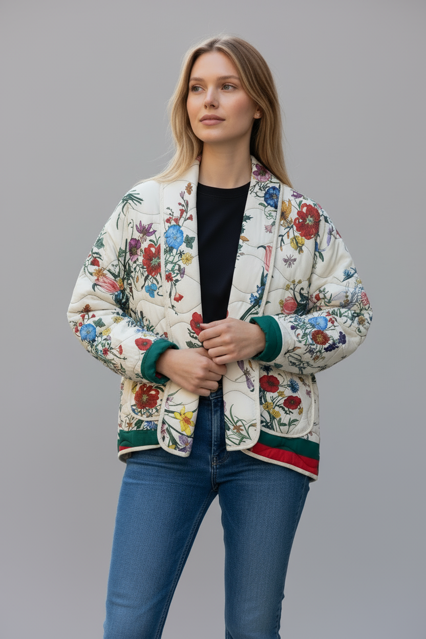 Woman wearing a floral-patterned jacket on a gray background