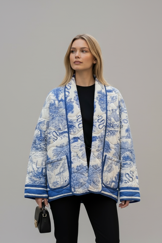 Woman wearing a blue and white patterned coat on a city street.