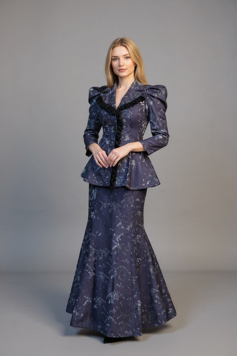 Woman wearing a dark floral dress with a peplum top on a gray background