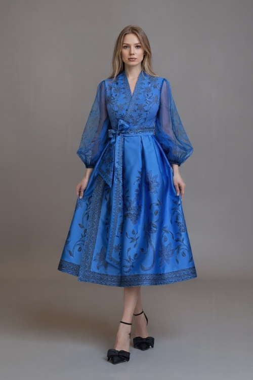 Behcetti Italia Faux Wrap Dress with Puffy Sleeves Blue / 8