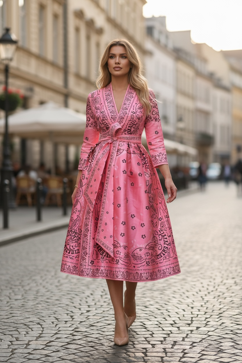 Behcetti Italia Elegant Pink Wrap Midi Dress with Paisley Border Print