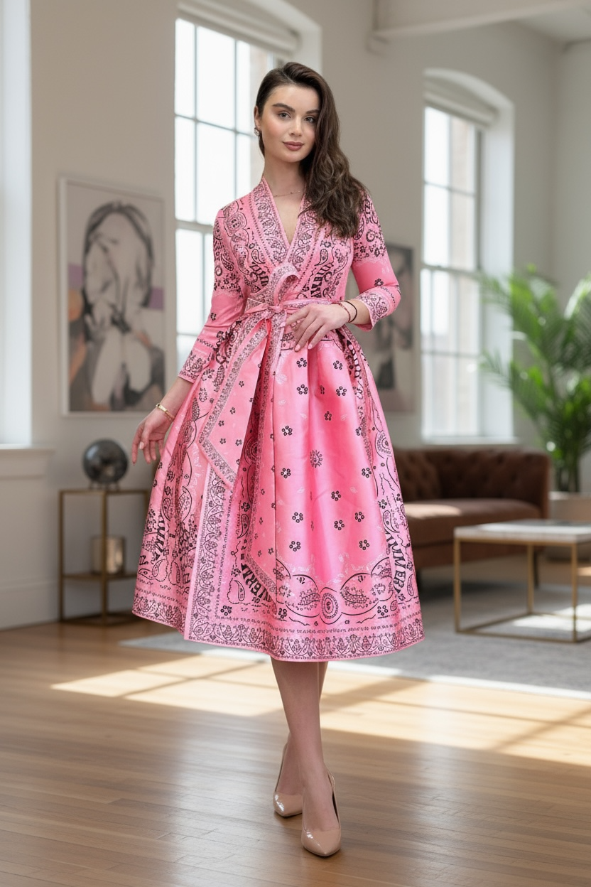 Behcetti Italia Elegant Pink Wrap Midi Dress with Paisley Border Print