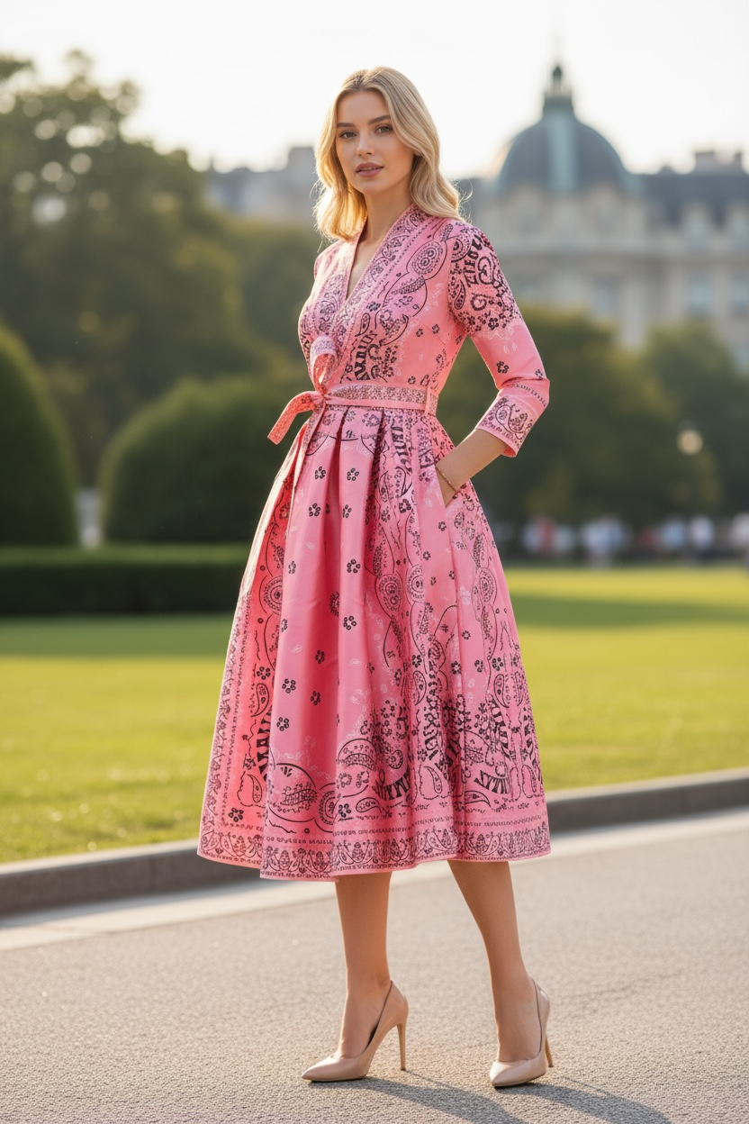 Behcetti Italia Elegant Pink Wrap Midi Dress with Paisley Border Print