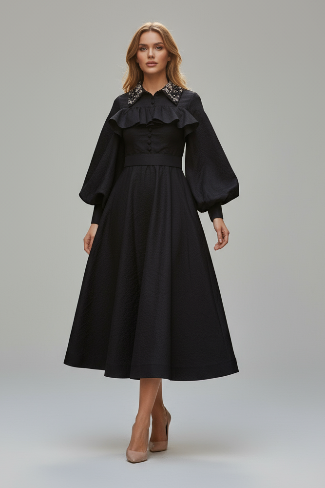 Behcetti Italia Elegant Black Midi Dress with Ruffled Bodice and Embellished Collar