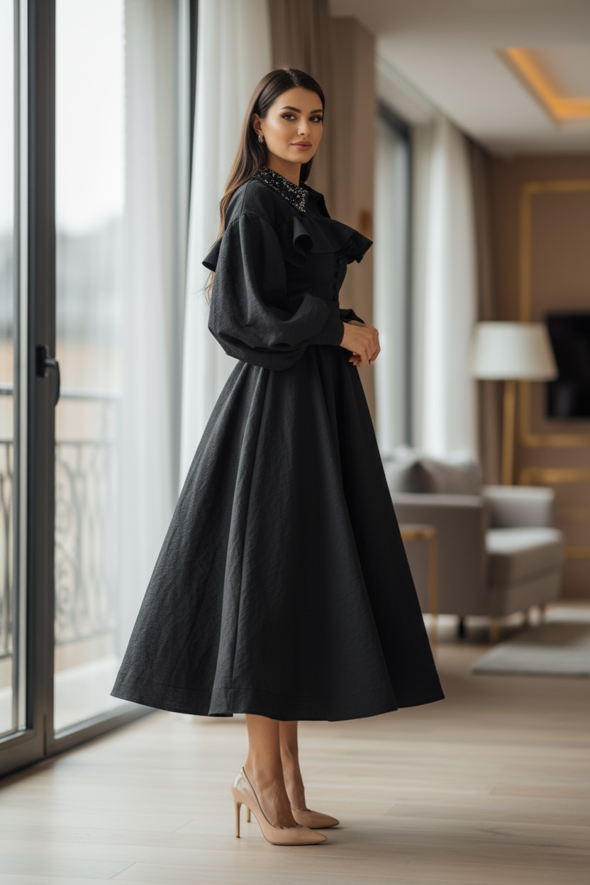 Behcetti Italia Elegant Black Midi Dress with Ruffled Bodice and Embellished Collar