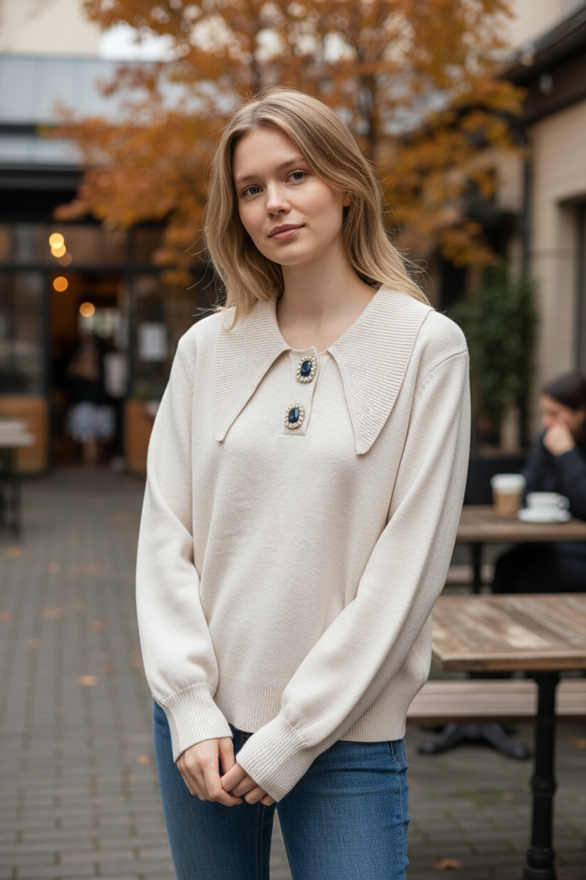 Elegant Knit Sweater with Statement Collar and Jewel Accents Made In Italy