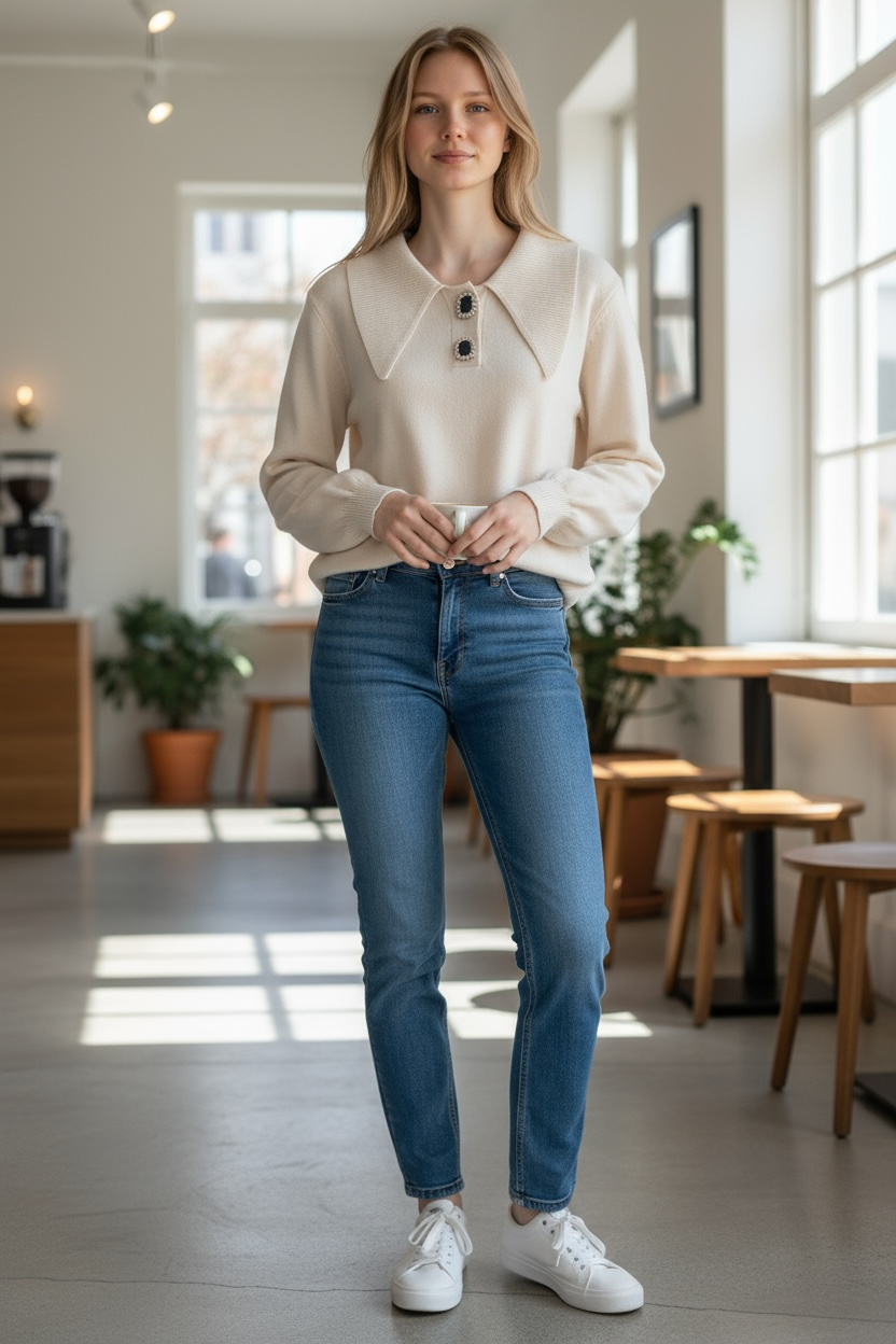 Elegant Knit Sweater with Statement Collar and Jewel Accents Made In Italy