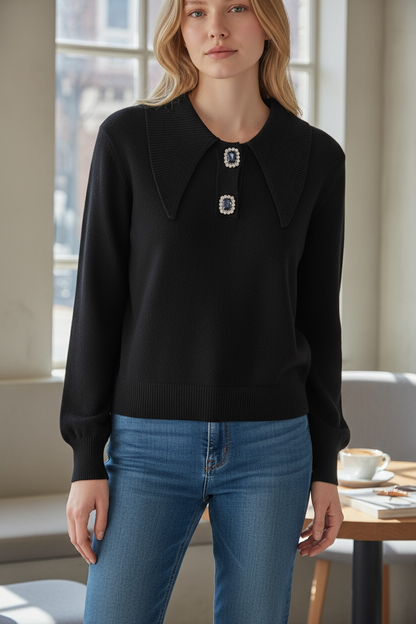 Elegant Knit Sweater with Statement Collar and Jewel Accents Made In Italy